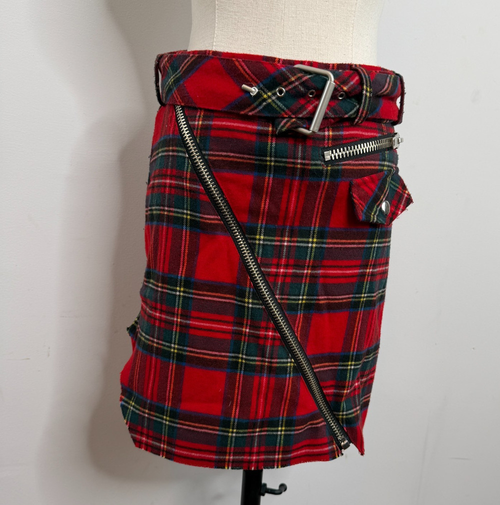 UNIF Plaid Carnaby Flannel Asymmetrical Zip Grommet Belt Punk Mini Skirt S
